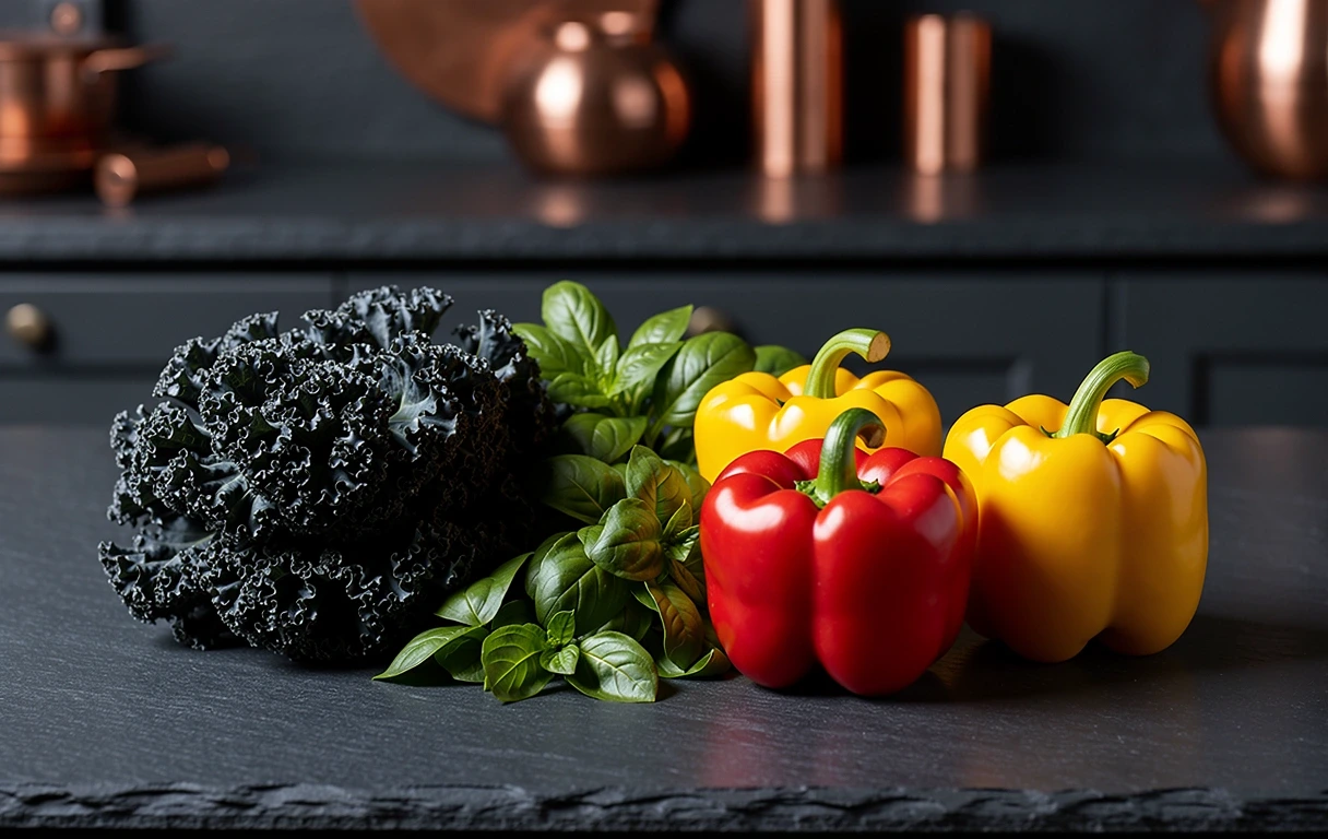 Fresh whole foods on a dark slate surface